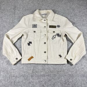 XACT Womens Small White Button Up Denim Jean Jacket w/ Allover Patches - FLAWED